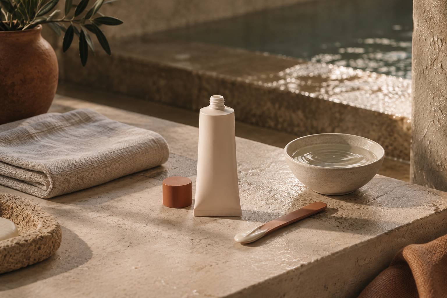 Accessoires de soin poses sur une tablette de salle de bain avec linge plie