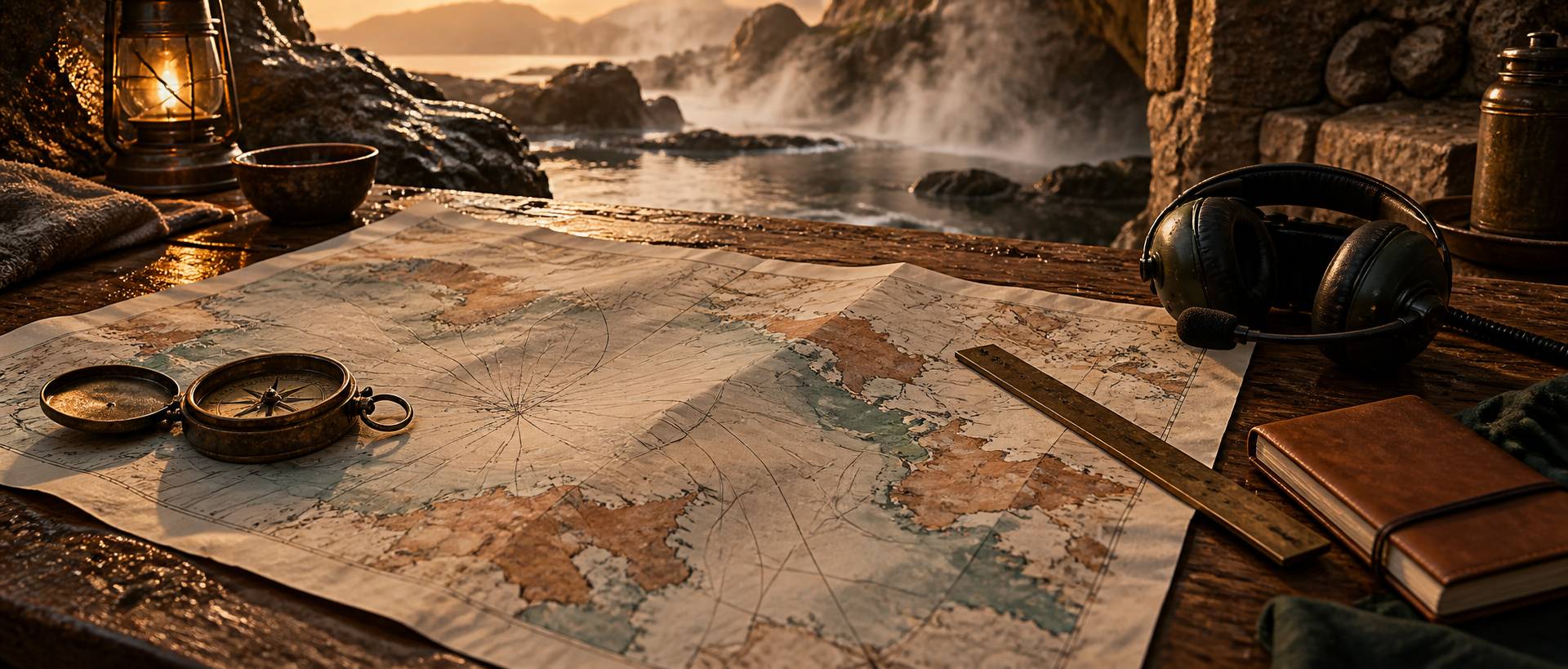 Détail d'une carte marine avec compas et casque de communication