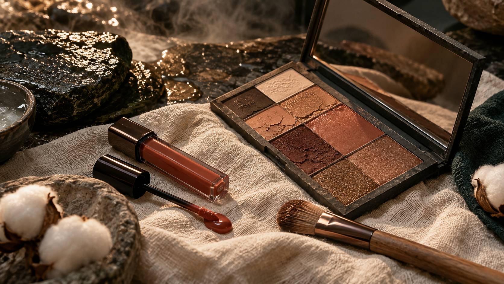 Détail d'une texture d'encre à lèvres et d'une palette