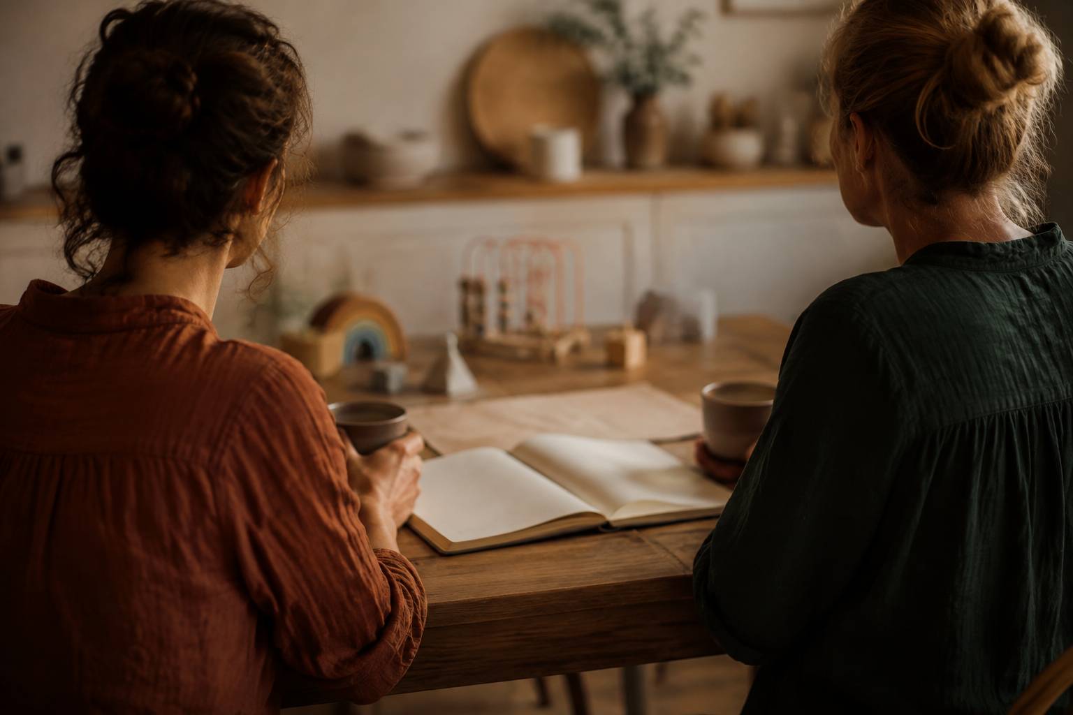 Deux assistantes maternelles échangent des conseils autour d'une table avec tasses de café et carnet