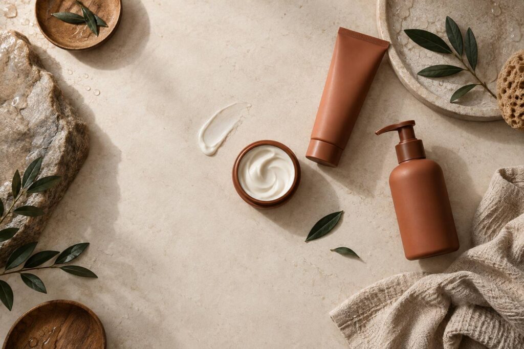 Flacons de soins cosmetiques sans etiquette et texture de creme sur fond clair