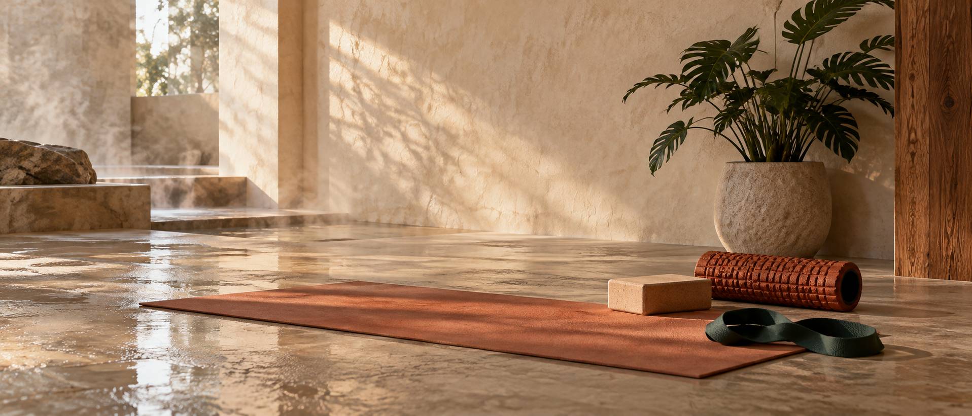 Espace d'etirement avec tapis, rouleau de massage et bande elastique