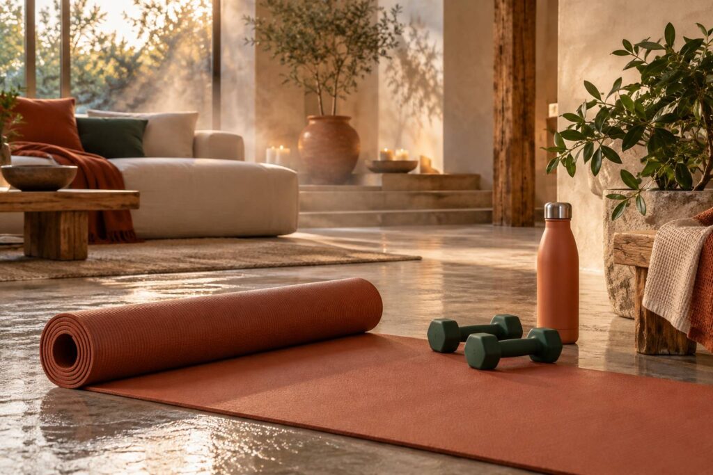 Coin d'activite calme avec tapis roule et halteres dans un salon clair