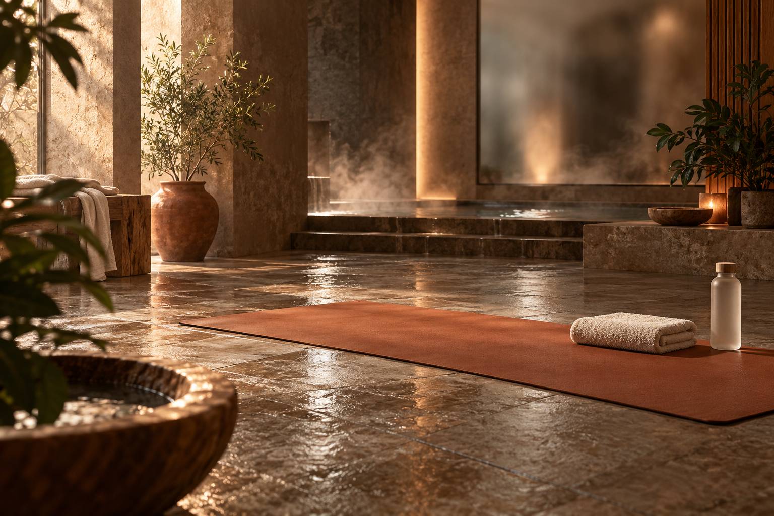 Tapis de sol et serviette dans un coin lumineux pres d'un miroir