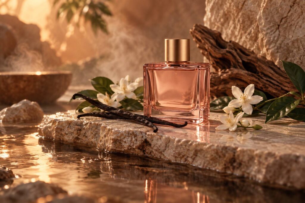 Flacon de parfum rose poudré avec gousse de vanille et jasmin
