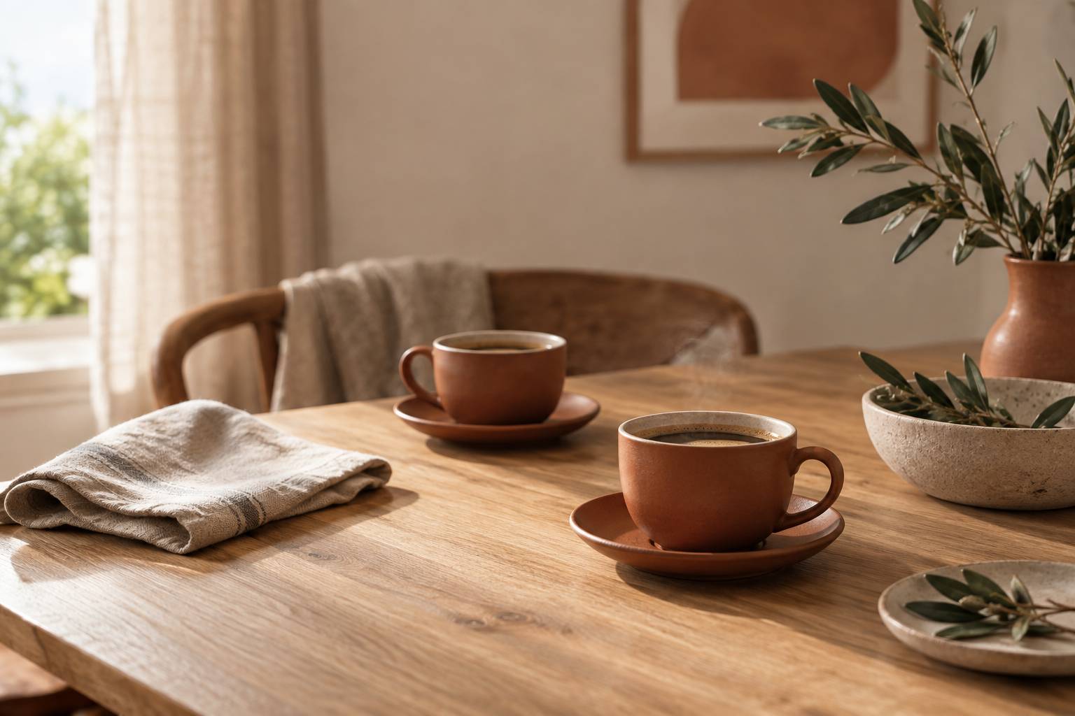 Deux tasses de cafe sur une table en bois clair