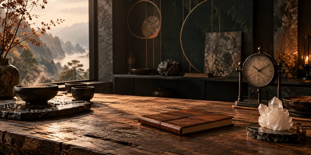 Bureau de méditation avec horloge ancienne, carnet et cristal de quartz