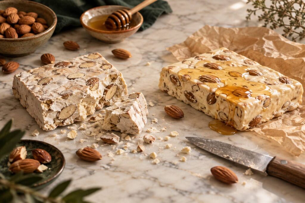 Deux tablettes de nougat aux amandes, l'une dure et l'autre tendre, sur un marbre clair