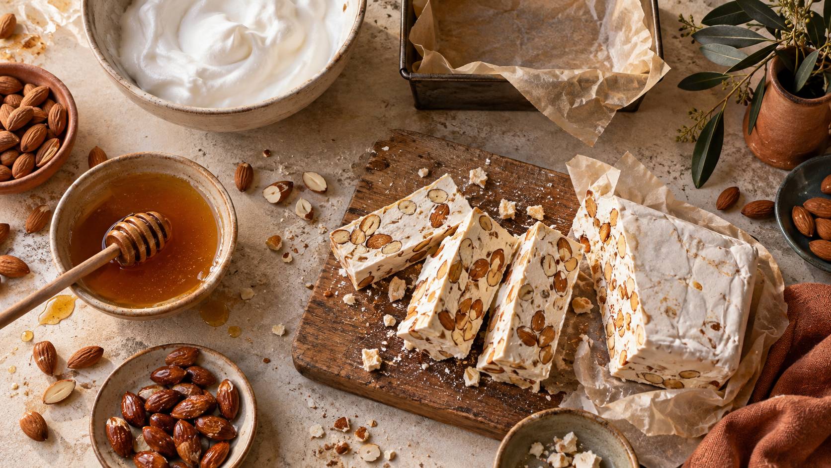 Amandes, miel et blancs en neige sur un plan de travail avec nougat tranche