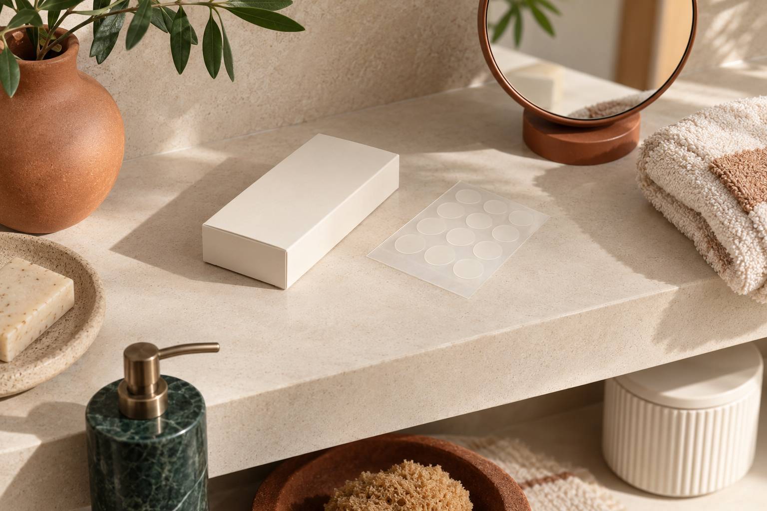 Etagere de pharmacie sobre avec boite neutre et plaquette de patchs anti-boutons