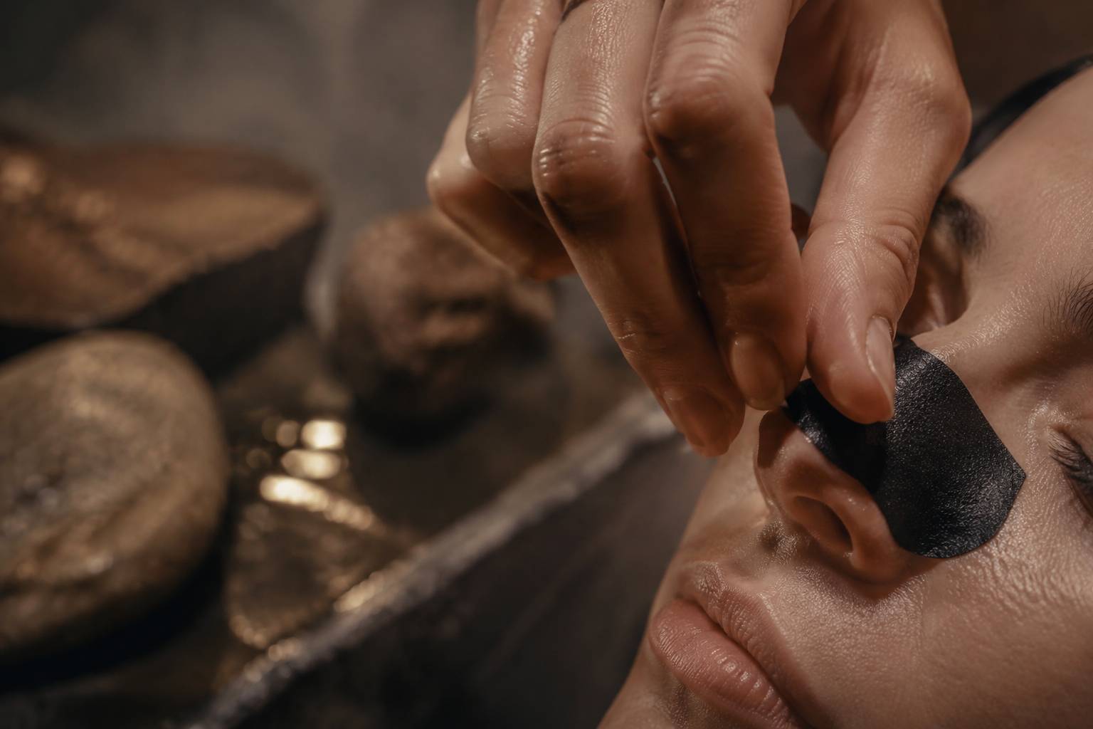 Main appliquant une bande de soin sur un nez, ambiance spa minérale en pierre et bois