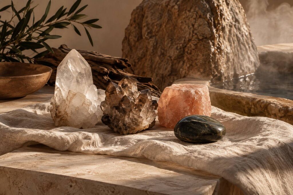 Cristaux naturels de teintes differentes poses sur un tissu de lin