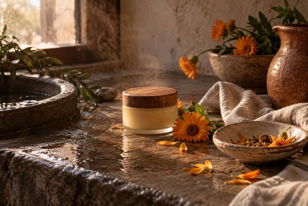 Pot de baume au couvercle de bois entouré de fleurs de calendula