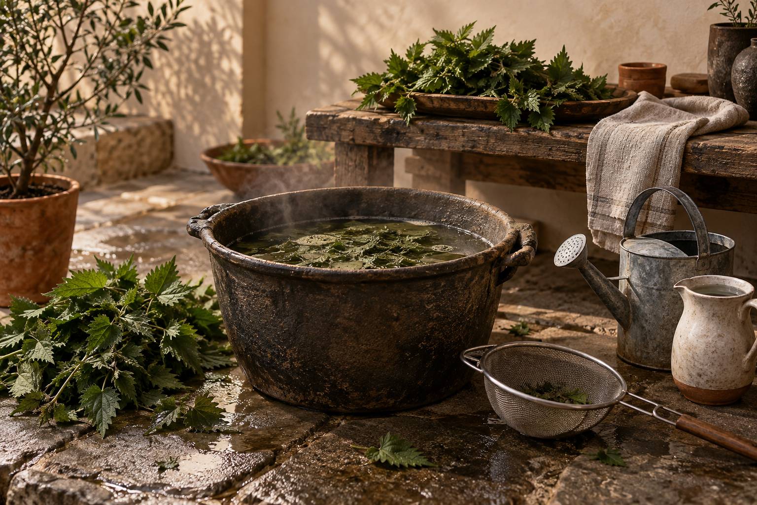 Illustration éditoriale du sujet : Purin d'ortie : recette, dilution et utilisation au jardin