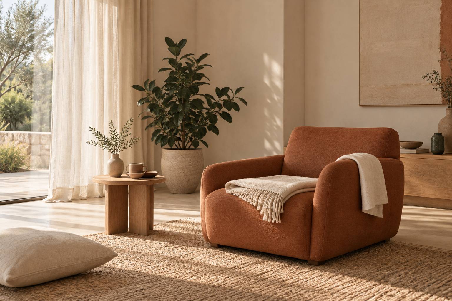 Coin de repos avec fauteuil bas et plaid plié en lumière douce