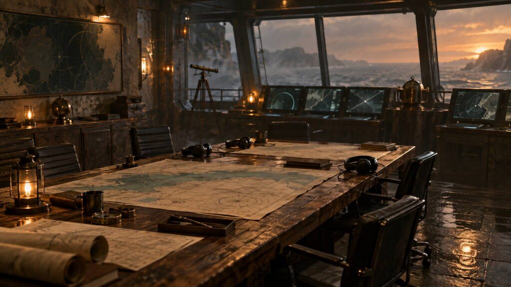 Salle d'opérations navale avec cartes marines et écrans abstraits