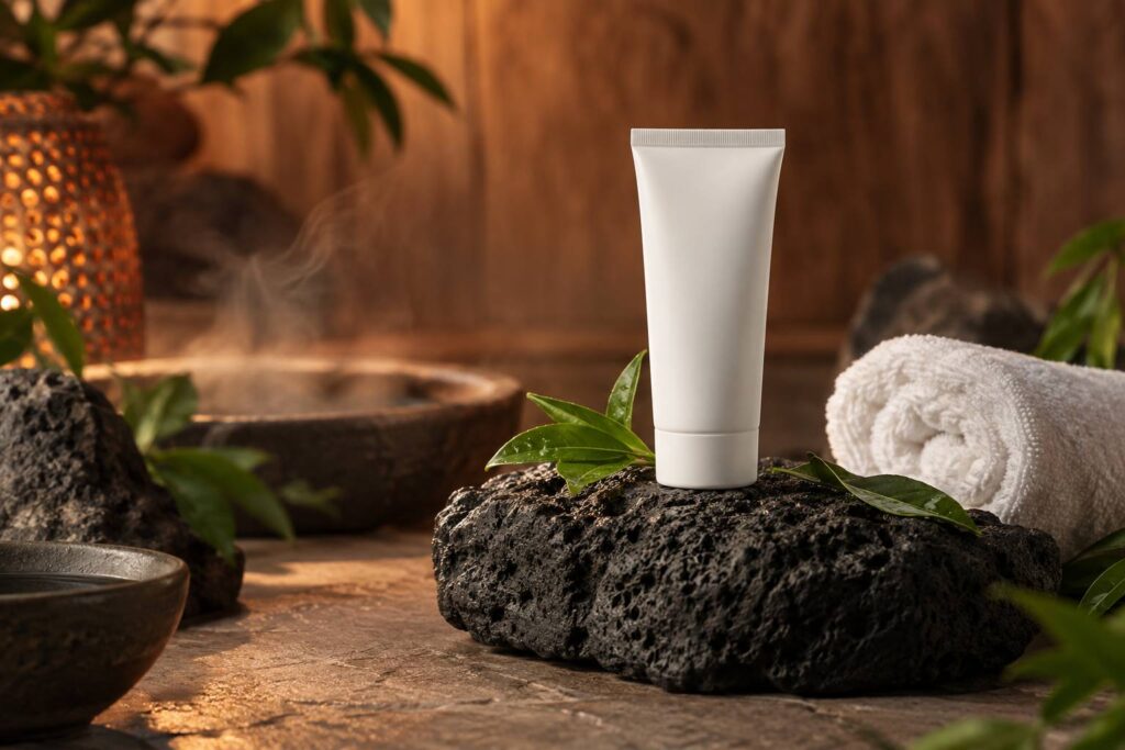 Tube de gel dermatologique sans étiquette sur pierre volcanique, ambiance spa