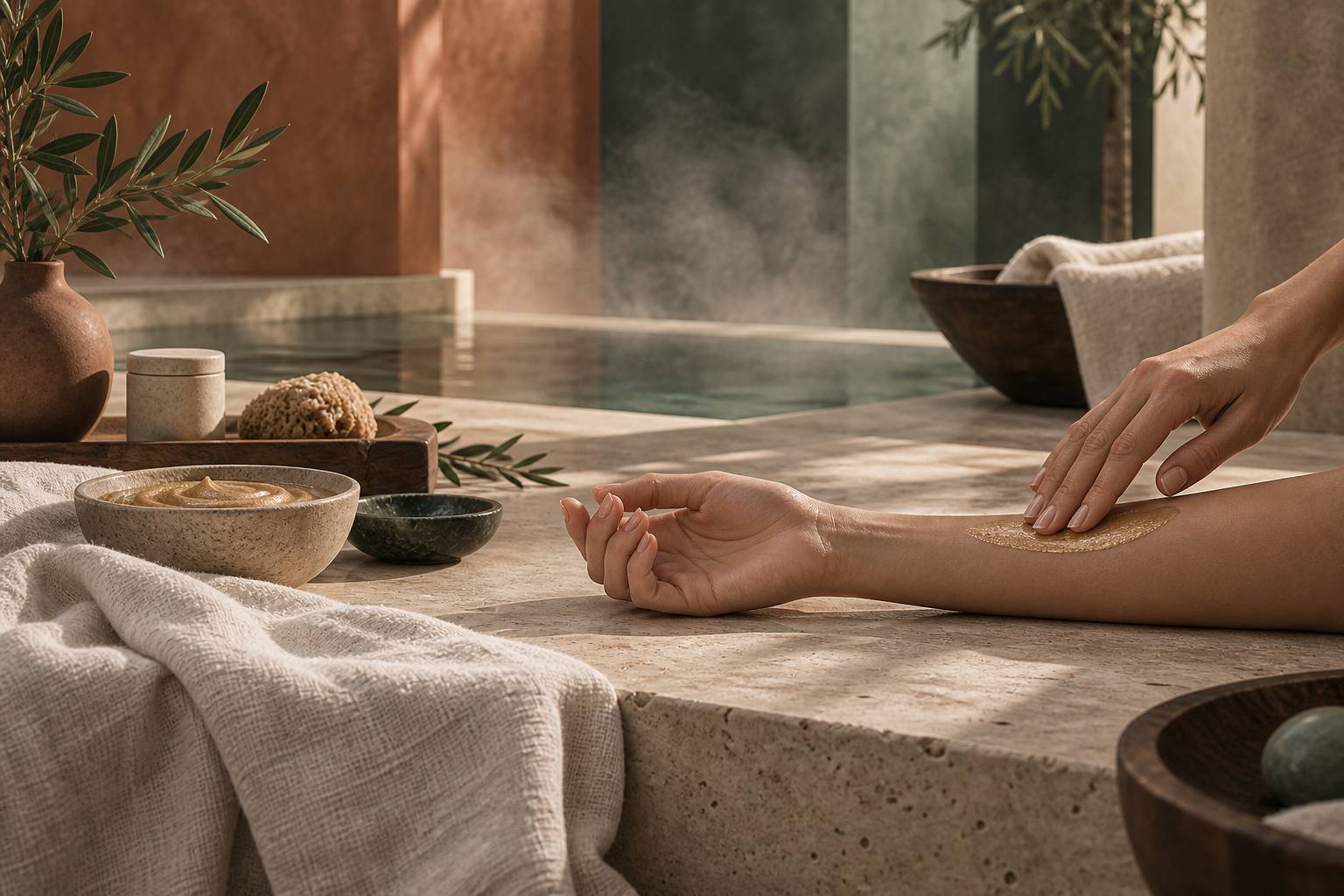 Application de crème dorée sur un avant-bras, ambiance minérale