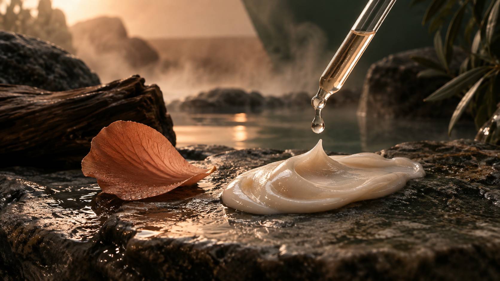Gros plan sur une texture de crème cosmétique et une pipette déposant une goutte