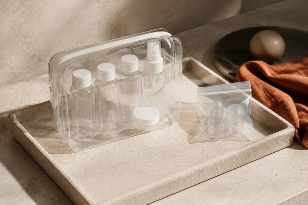 Trousse de toilette transparente avec flacons de 100 ml posée sur un linge en lin