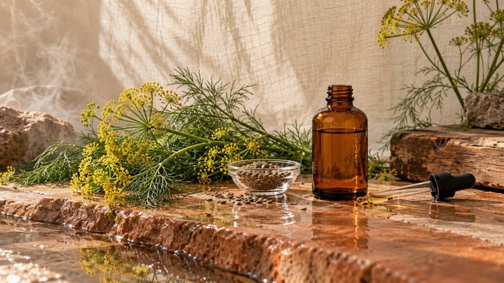 Bouquet d'aneth, graines et flacon cosmétique ambré sur fond de lin écru