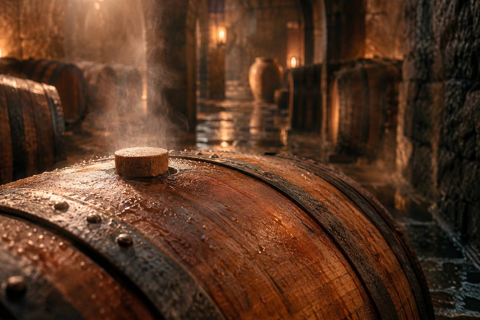Détail de la bonde d'un fût de chêne humide dans un chai