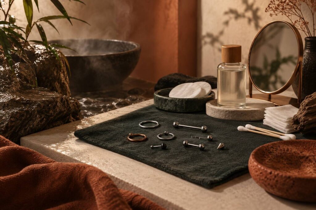 Bijoux de piercing poses sur un tissu sombre avec miroir et cotons