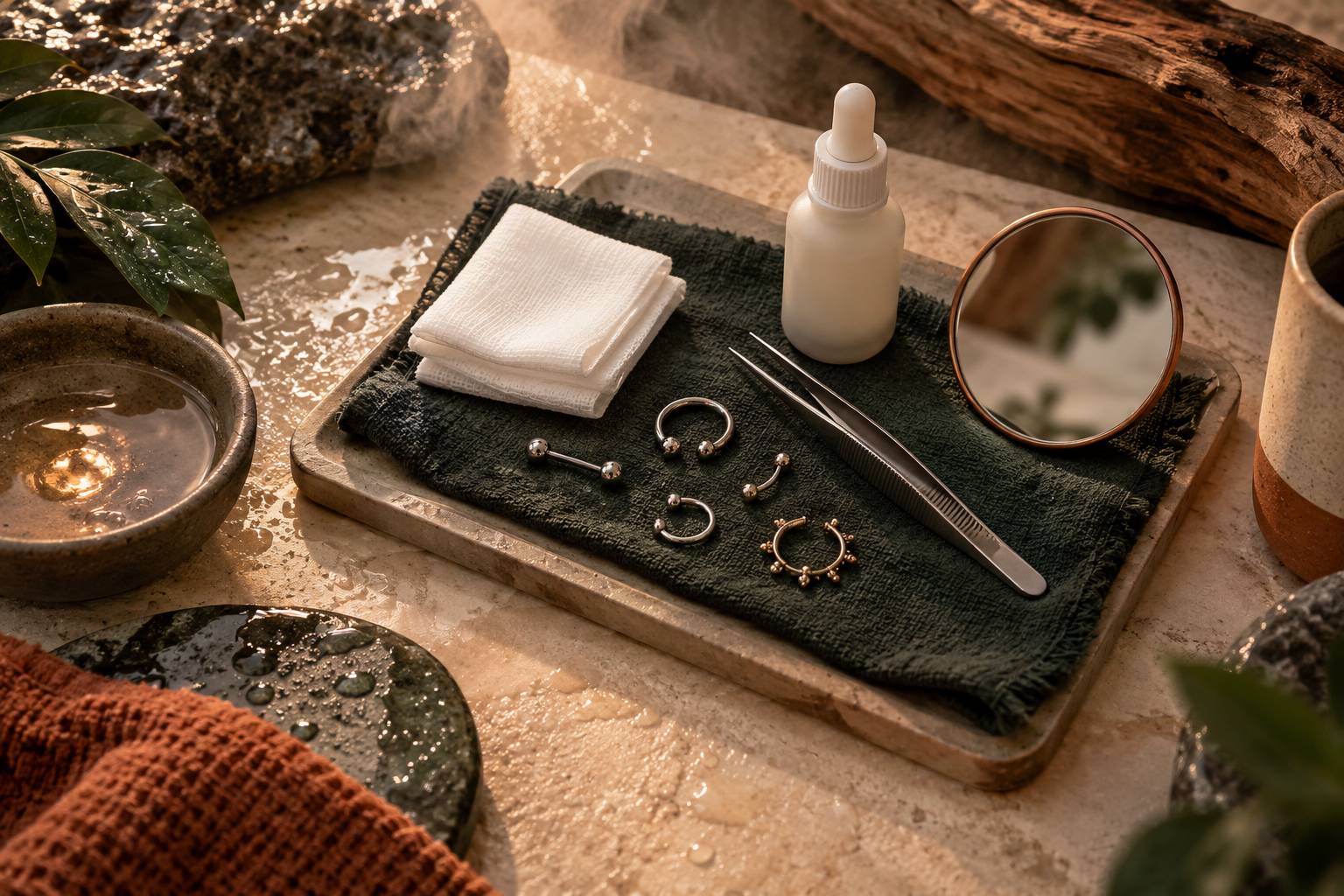 Bijoux de piercing, compresses et flacon poses sur un plateau de soin