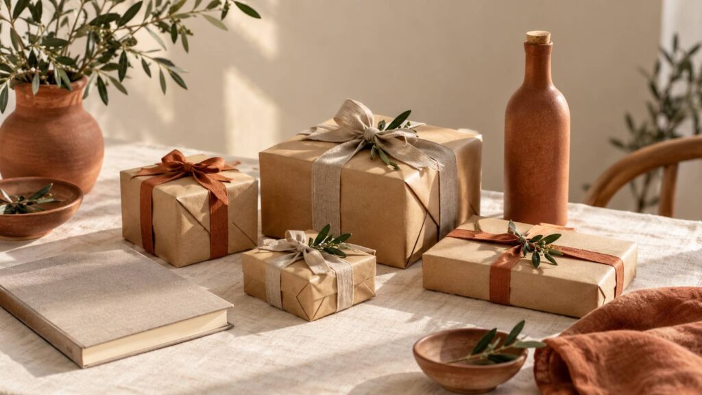 Boites cadeaux fermees avec rubans sur une table claire
