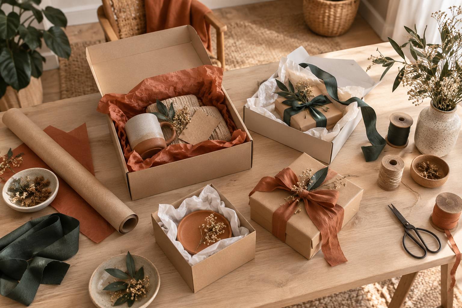 Boites cadeaux ouvertes, papier de soie et rubans sur un plan de travail