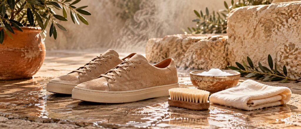 Chaussures en daim beige et brosse douce posees sur un sol de pierre claire