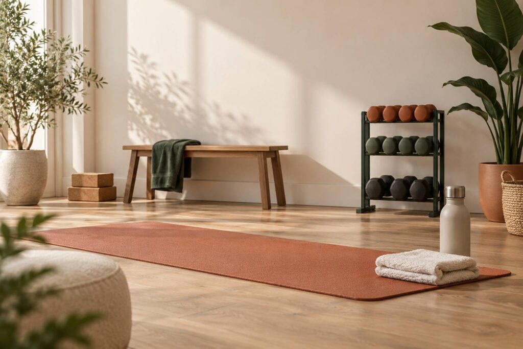 Coin de fitness lumineux avec tapis, halteres et serviette pliee