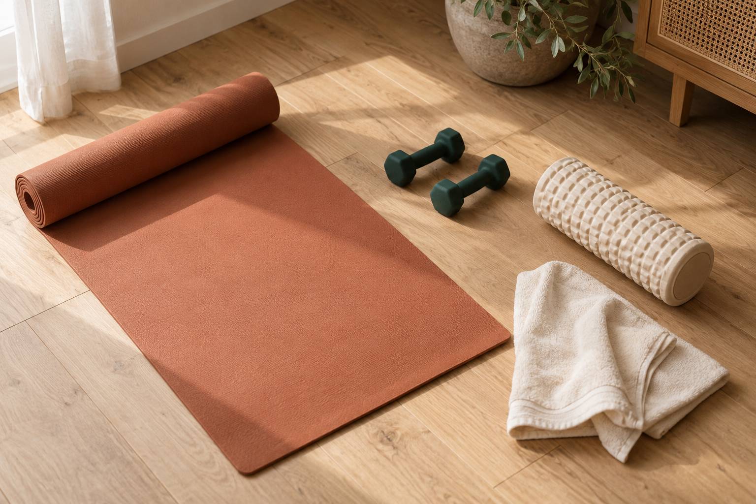 Tapis de yoga, halteres et rouleau de massage poses sur un parquet