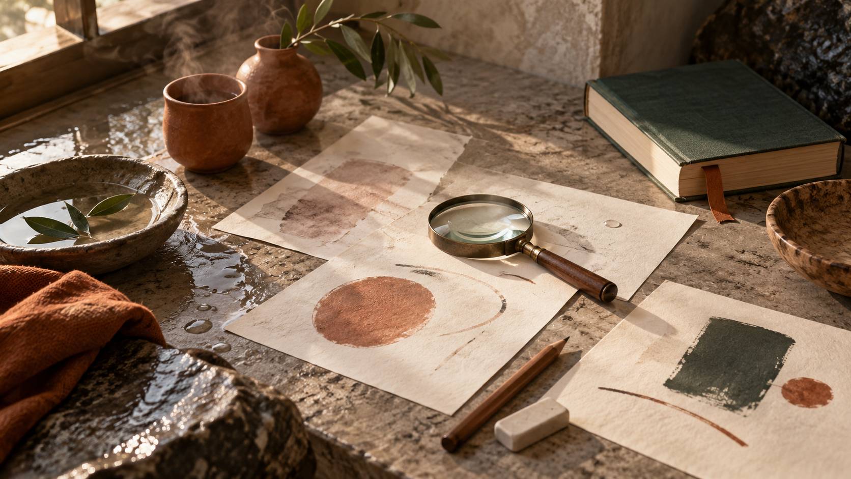 Loupe, crayon et feuilles posées sur un coin d'étude