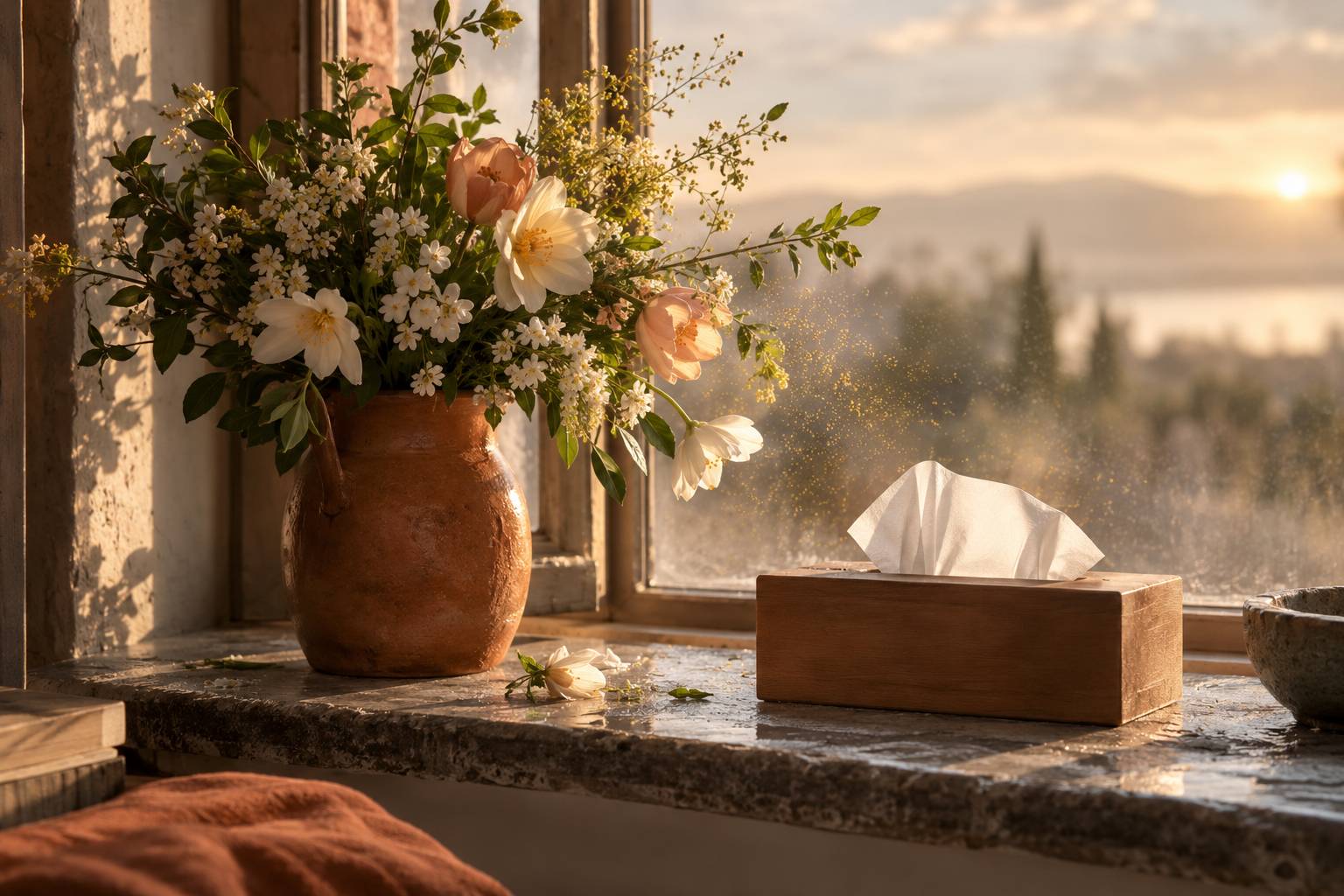 Bouquet printanier libérant du pollen près d'une fenêtre avec mouchoirs génériques