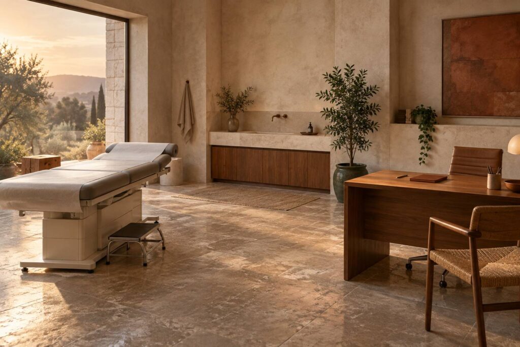 Cabinet medical sobre avec table d'examen et bureau