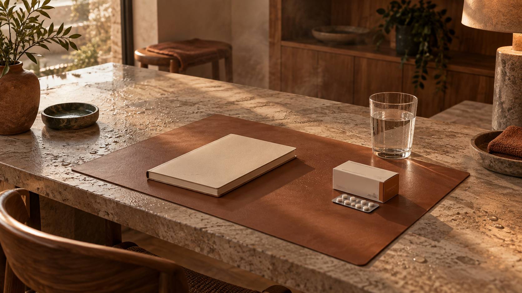 Bureau de consultation avec carnet, verre d'eau et boite neutre