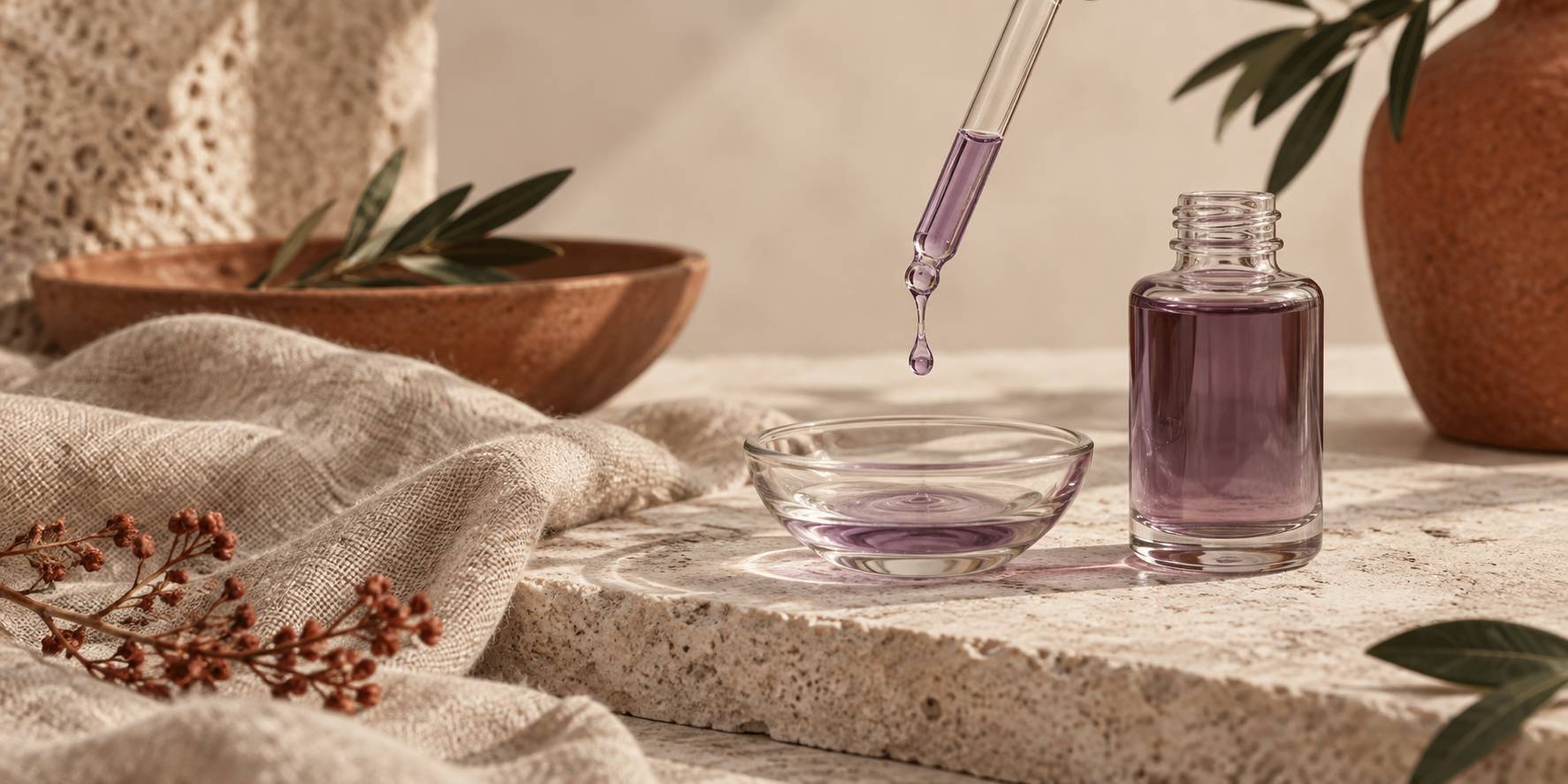 Compte-gouttes deposant une goutte de serum violace dans une coupelle